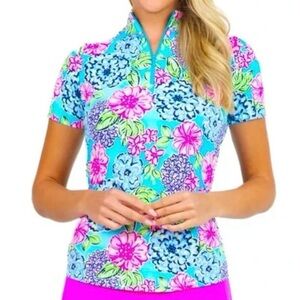 IBKUL Larisa Mock Neck Short Sleeve Turquoise Floral Sz S Golf Tennis PickleBall